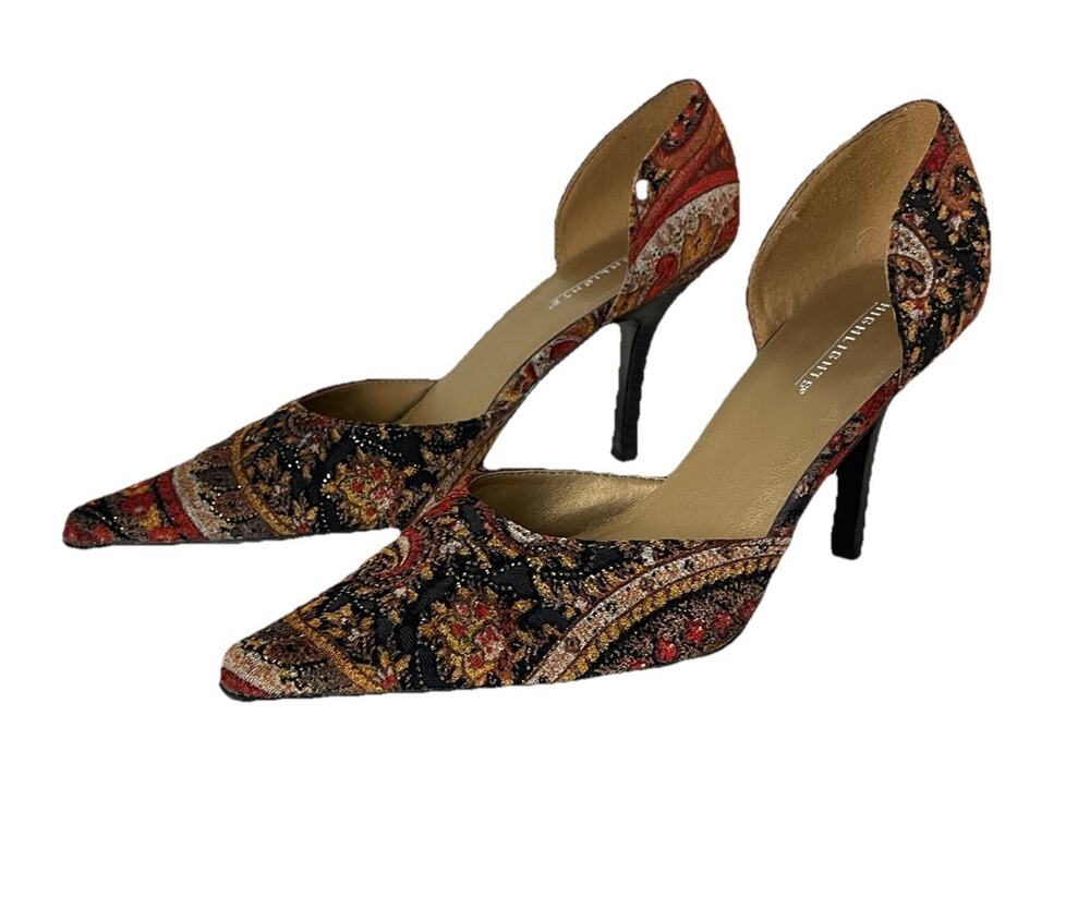 VTG 80s Paisley Fabric Pointed Toe Heels Autumnal Size 8.5 Stilettos Highlights